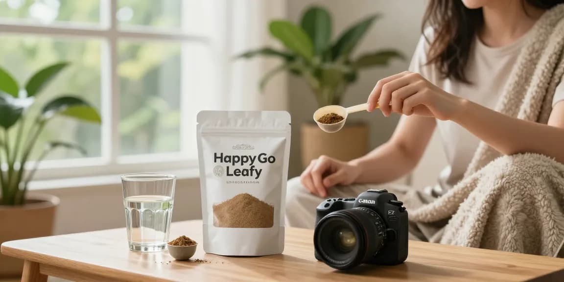 Happy Go Leafy white Borneo kratom powder preparation in a serene home setting.