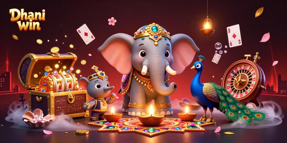 Dhani win exciting games with a Diwali-themed elephant and a vibrant peacock amid casino elements.