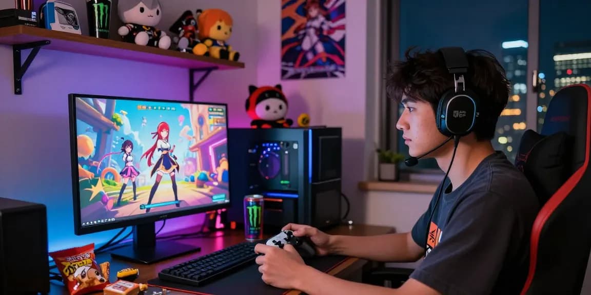 Gamer enjoying ecchi games, vibrant fantasy scene, colorful characters on screen