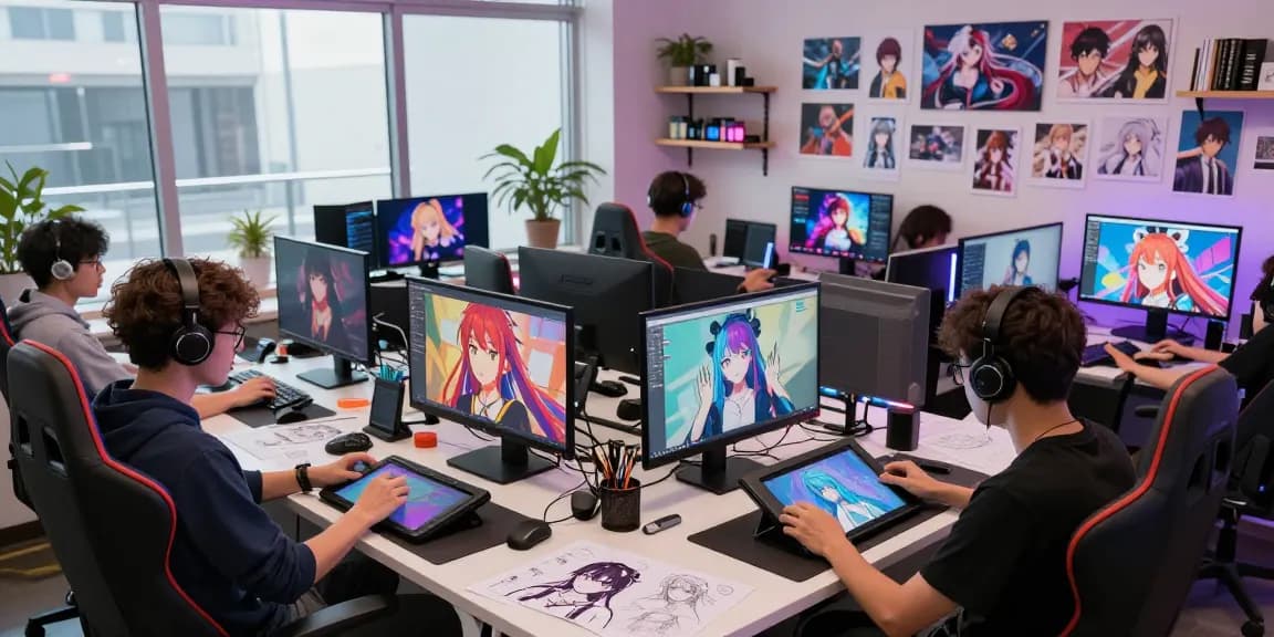 Designing ecchi AI characters in a creative studio with diverse artists.