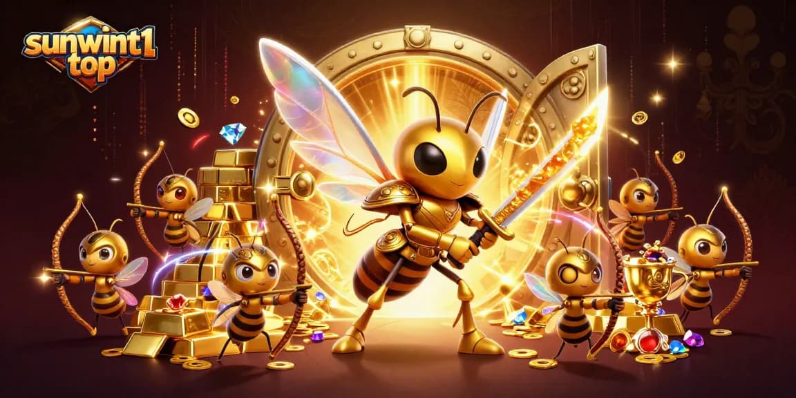 Experience high-stakes action with sunwint1 top's 3D golden hornet in a vibrant casino treasure scene.