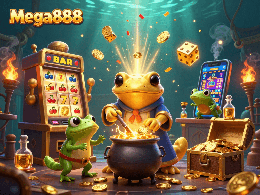 Mega888 menawarkan pemain pengalaman permainan yang bertema slot dengan koin emas jatuh dari mesin slot yang meletup.
