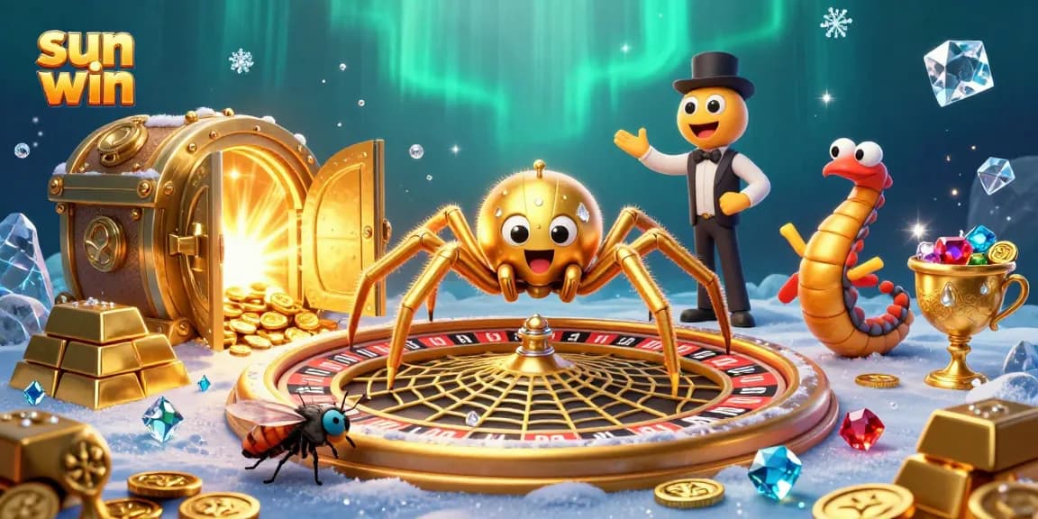 Engage with sun win as a golden spider spins a roulette wheel web while players place nervous bets.