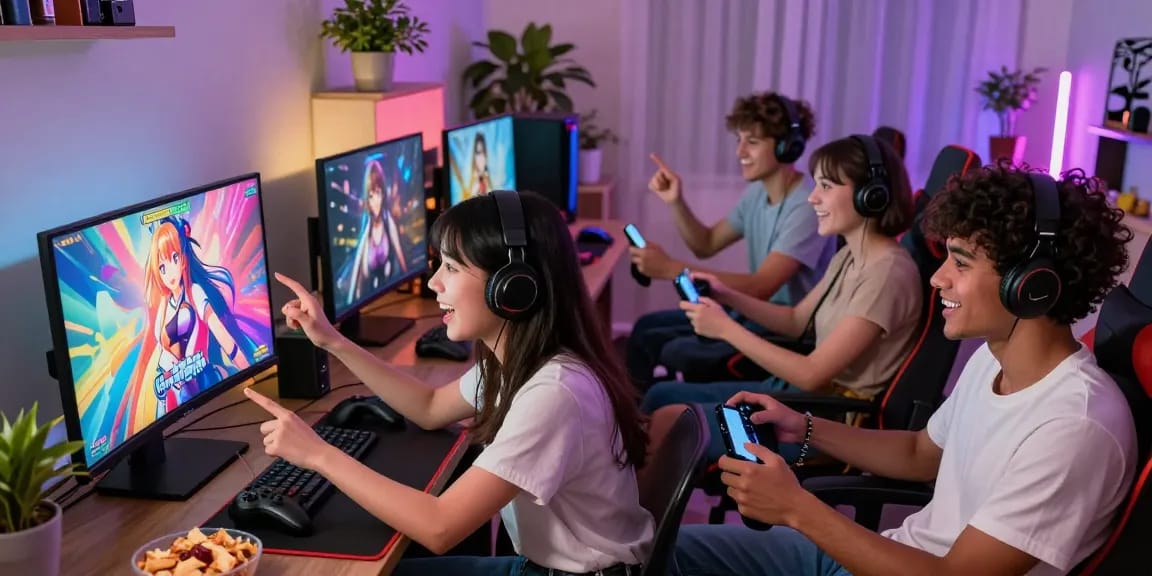 Youthful gamers engaging with colorful hentai game setup in a vibrant, lively room.