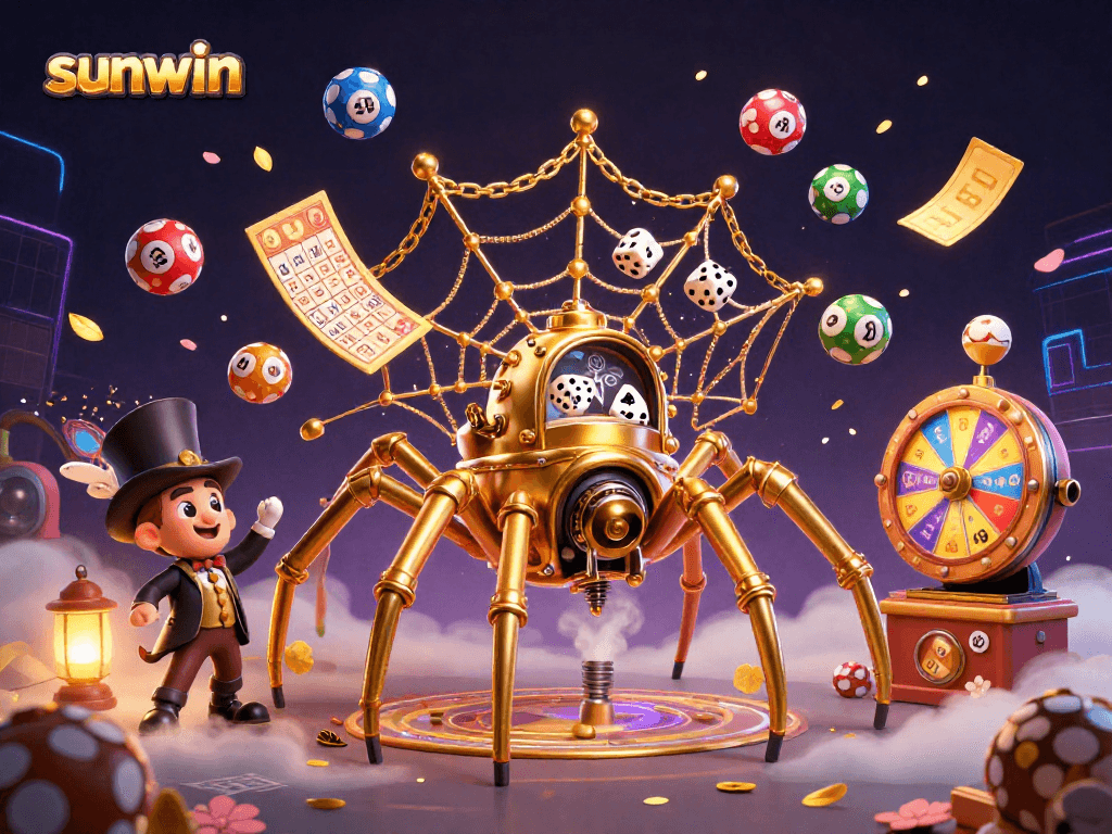 Engage in sunwin's thrilling gaming atmosphere featuring vibrant lottery elements and a whimsical spider.