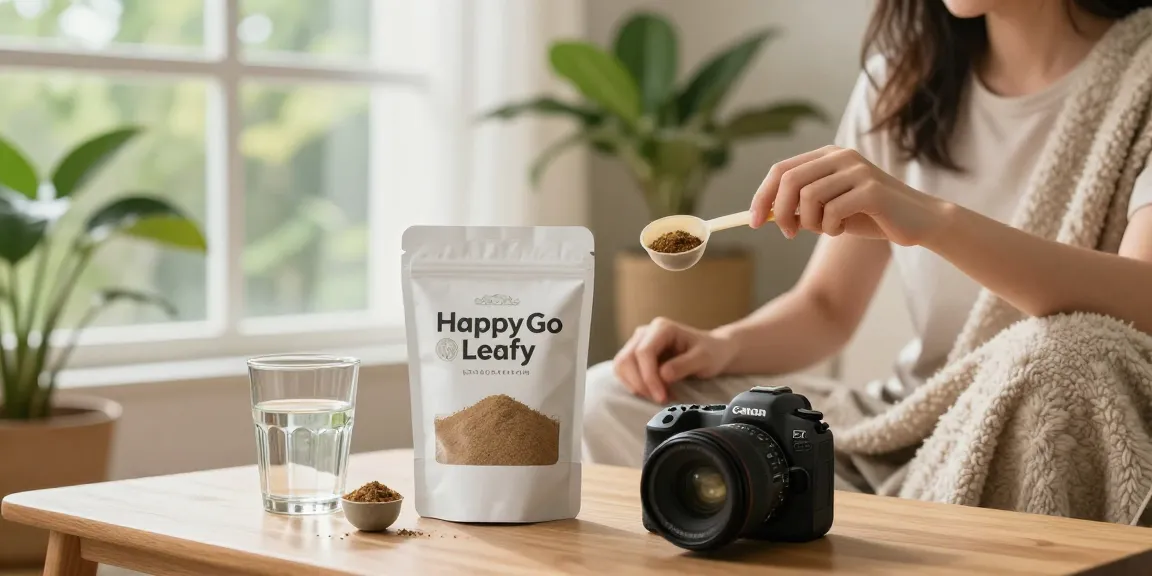 Happy Go Leafy white Borneo kratom powder preparation in a serene home setting.