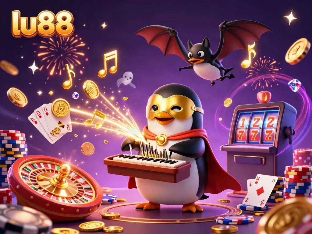 Experience thrilling gameplay with LU88, featuring vibrant characters and golden coins amidst a dynamic casino scene.