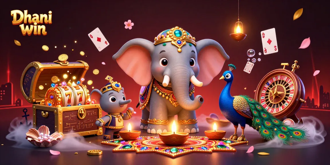 Dhani win exciting games with a Diwali-themed elephant and a vibrant peacock amid casino elements.