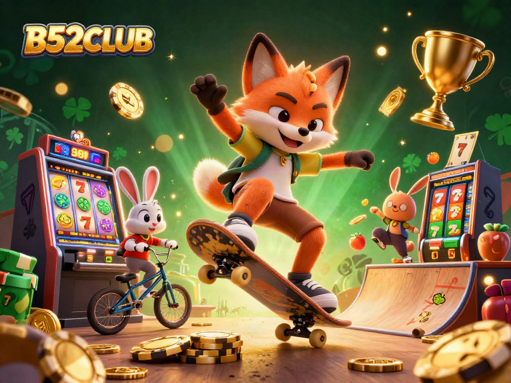 B52CLUB fox skateboarder performing amid a vibrant casino-themed scene rich in slot symbols.