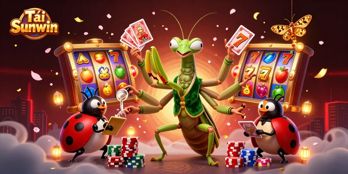 Tải Sunwin to enjoy an engaging scene of a card sharp and pit boss amidst vibrant slots, chips, and jackpots.
