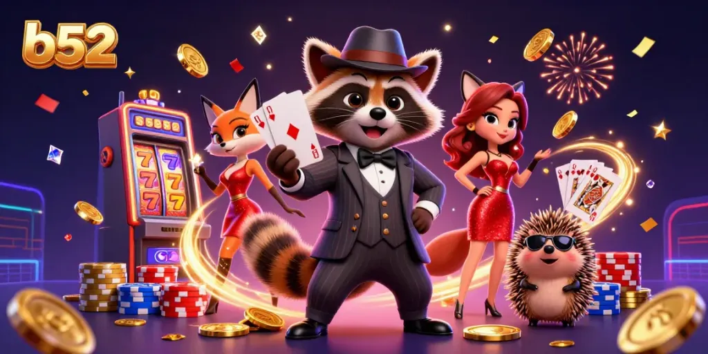 B52 exclusive gaming illustration showcasing stylish raccoon card player and vibrant casino elements.