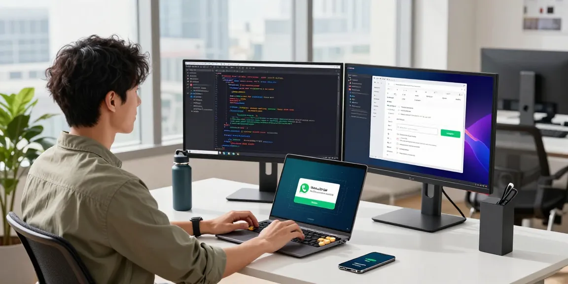 Dynamic tech workspace showcasing WhatsApp下載 app interface on monitors, with a developer focused at a standing desk.