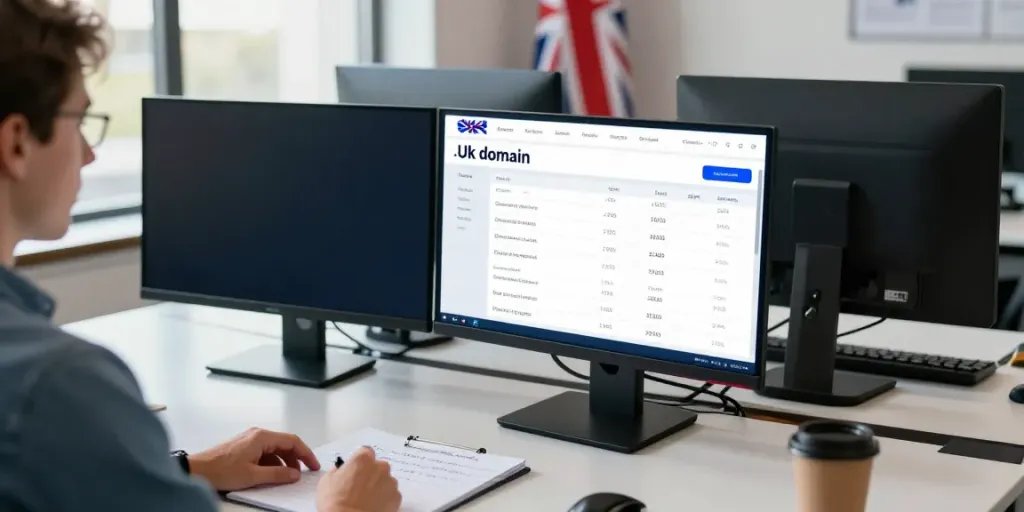 Focused professional registering a .uk domain in a bright office.