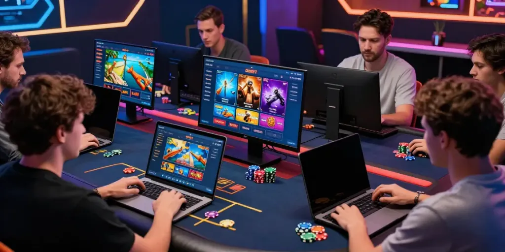 Engaging scene of players using DEBET for online gaming with vibrant visuals and diverse options.