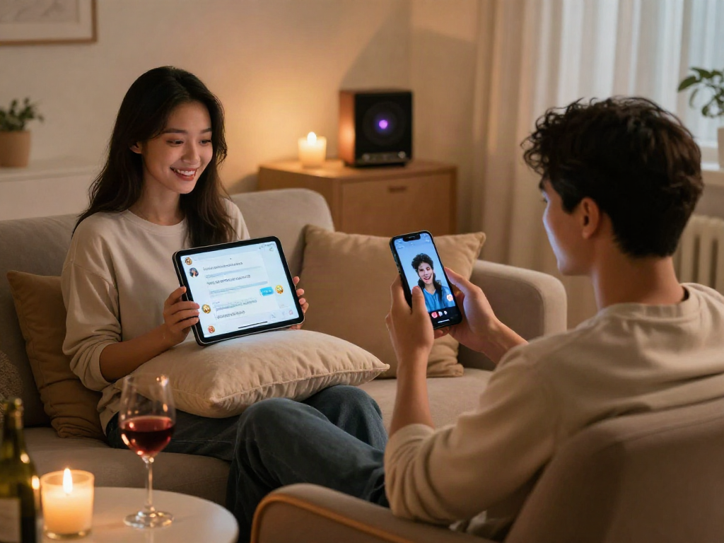 Engaging ai porn chat atmosphere with a couple connecting through digital devices and cozy ambiance.
