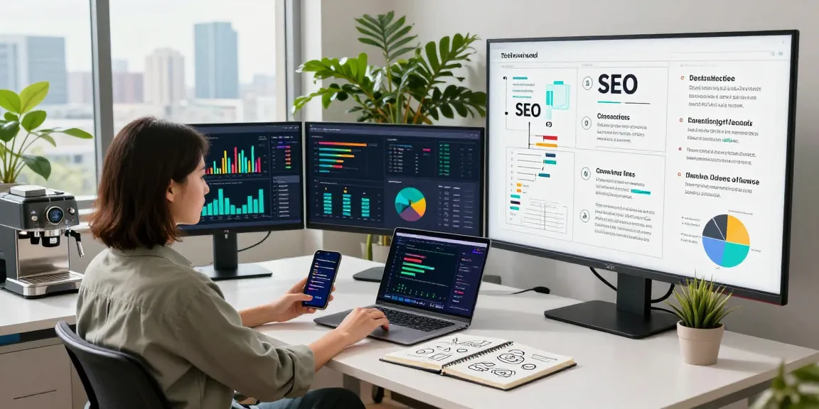 Workspace showcasing AI SEO tools in action with data analyst optimizing marketing strategies and analytics.