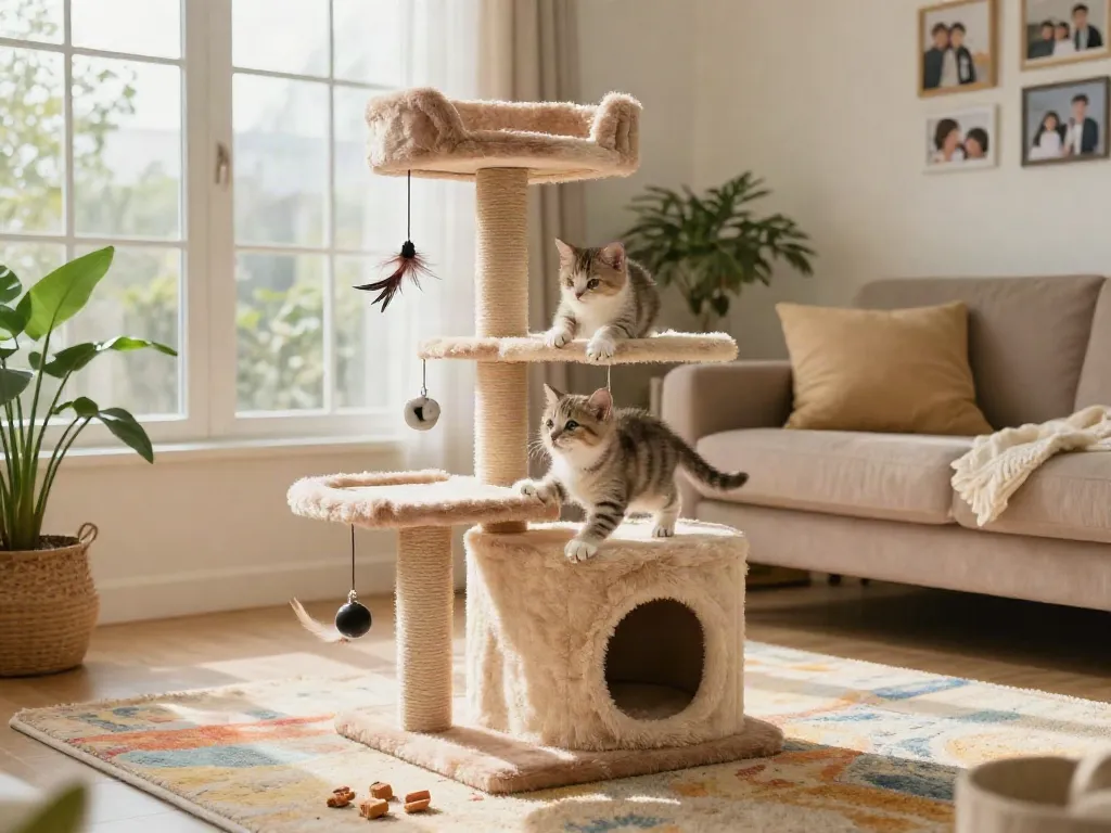 Playful kitten exploring a vibrant cat tower cat tree in a cosy living room.