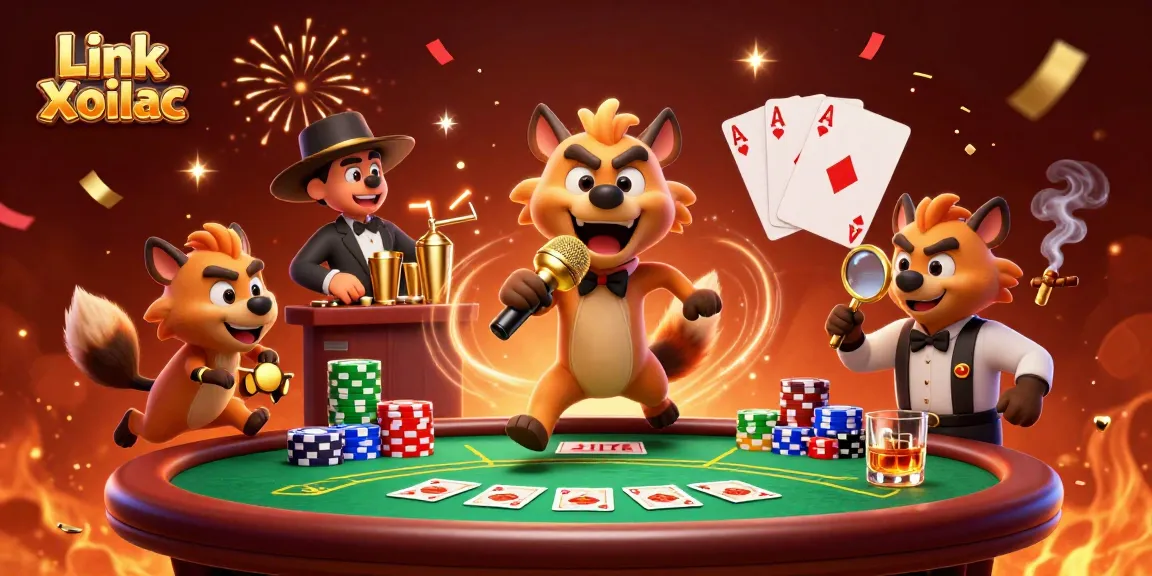 Experience the vibrant energy of Link Xoilac with animated hyenas in a dynamic casino scene.