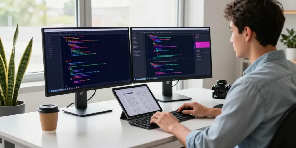 Developer optimizing instant indexing in a modern workspace with dual monitors and tech tools.