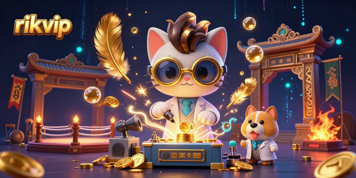 Experience the excitement of rik vip with an animated scene of a mad scientist cat and dog creating gold coins.