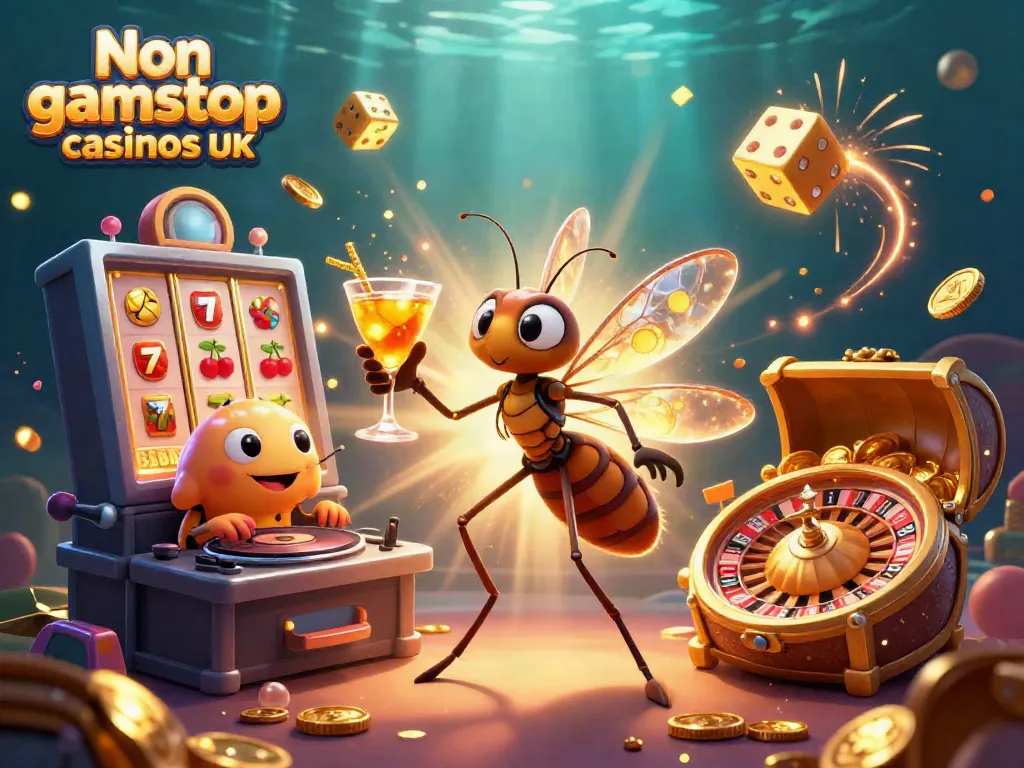 Engaging scene showcasing Non gamstop casinos UK with a cartoon mosquito mascot and thrilling casino elements.