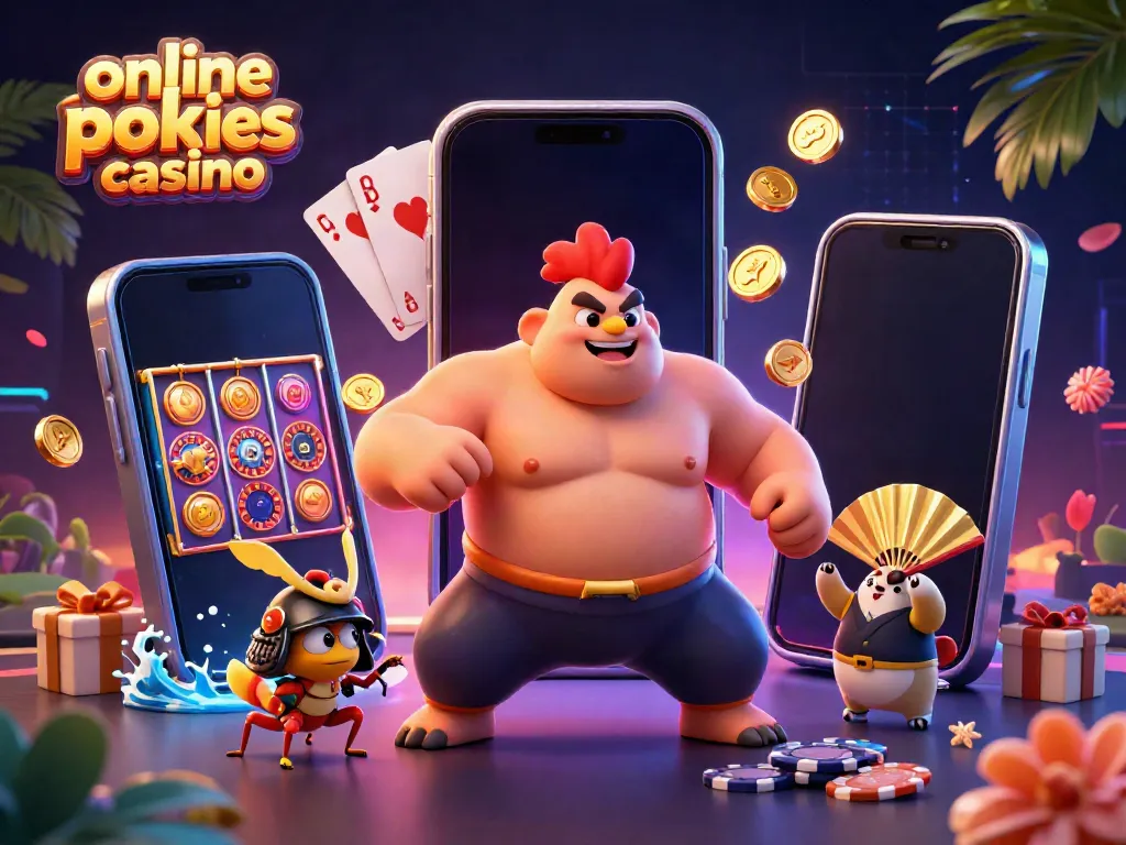 Engage in exciting gameplay with this online pokies casino illustration, featuring vibrant characters and game elements.