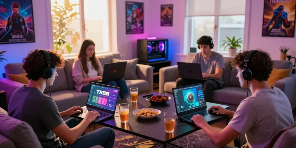 Players enjoying a lively gaming session on TX88, showcasing a vibrant living room atmosphere.