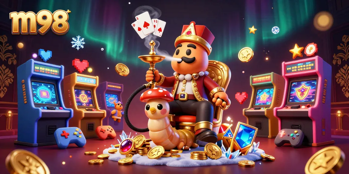 M98 captivates players with a vibrant 3D casino scene featuring a caterpillar hookah-master and casino elements.