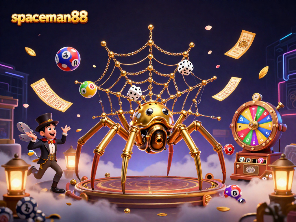 Engaging steampunk illustration with spaceman88, a golden spider crafting a web of luck and games.