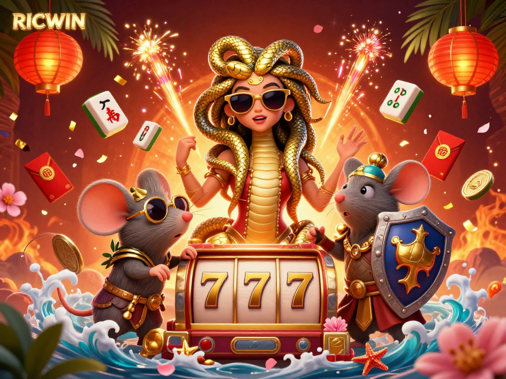 Experience thrilling wins with RICWIN's vibrant casino scene featuring Medusa and lucky charms.