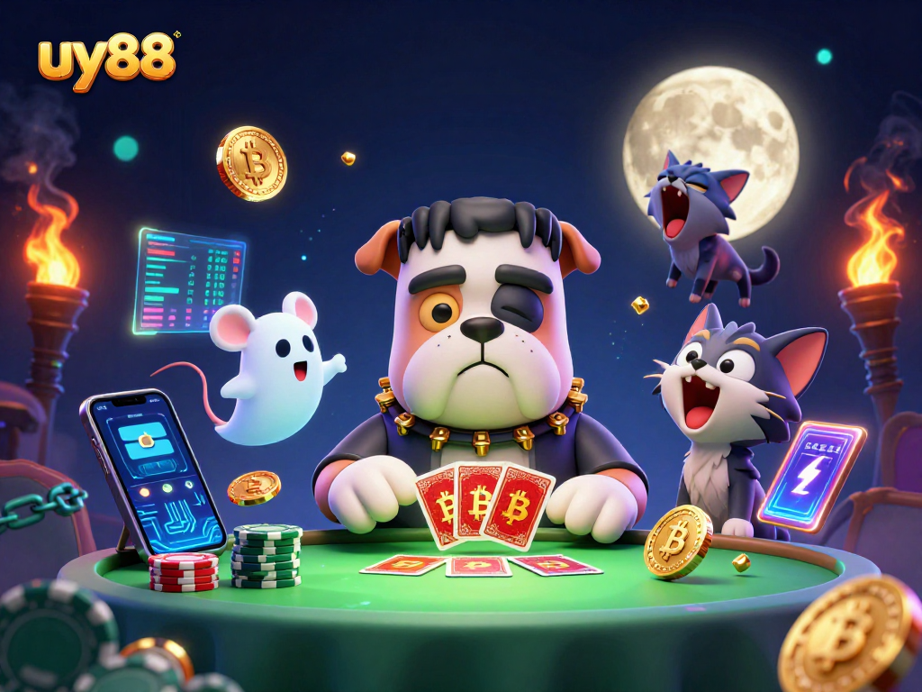 uy88 offers thrilling casino action with a lively bulldog monster dealing cards amid ghostly elements.