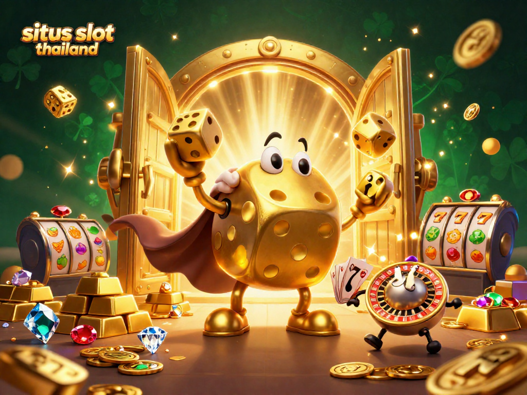 Engage with situs slot thailand, featuring dynamic golden dice golem and casino symbols in an immersive 3D scene.