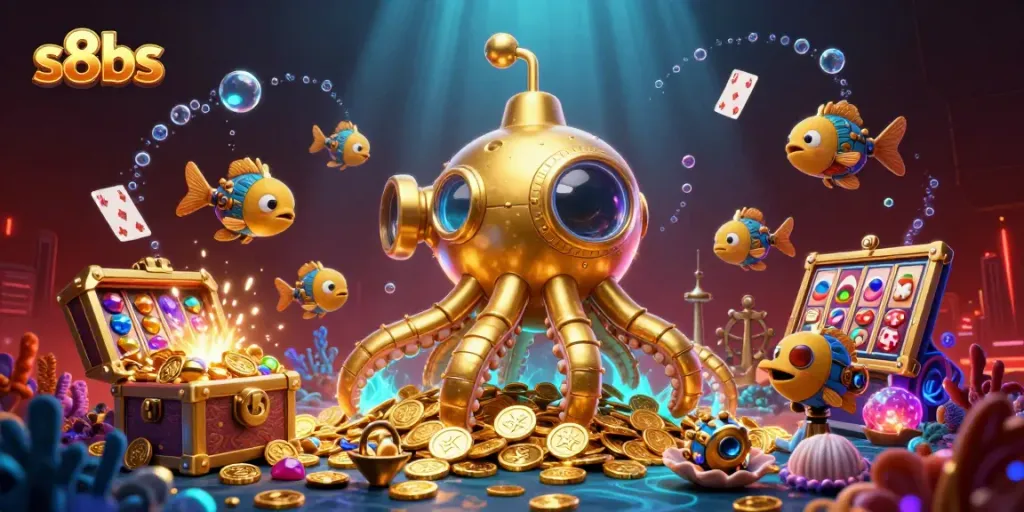Experience thrilling gameplay with the s8bs kraken submarine scene filled with casino treasures and vibrant colors.