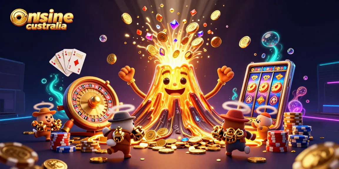 Engage with online casinos Australia through the vibrant eruption of coins and treasures in this 3D casino illustration.