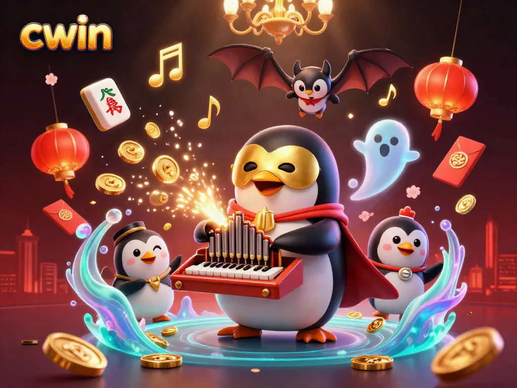 Cwin platform showcases a penguin playing an organ surrounded by gaming elements like golden coins and lucky symbols.