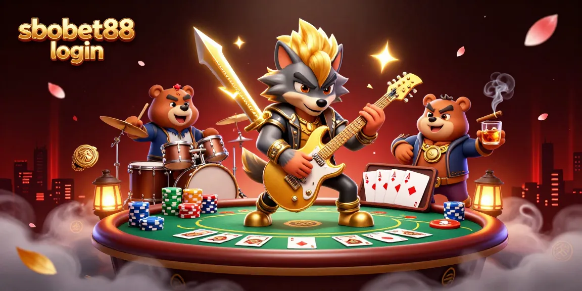 Engage with sbobet88 login through this vibrant 3D illustration of a wolf rock star and poker action.