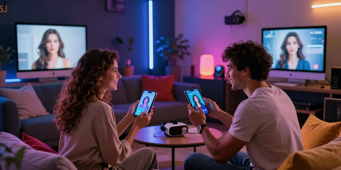 AI porn chat interaction between couple in a cozy lounge, showcasing intimate digital connection in 2026.