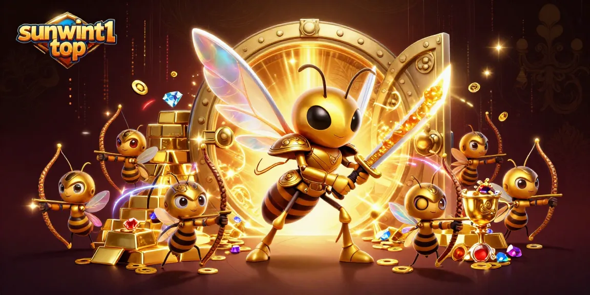 Experience high-stakes action with sunwint1 top's 3D golden hornet in a vibrant casino treasure scene.